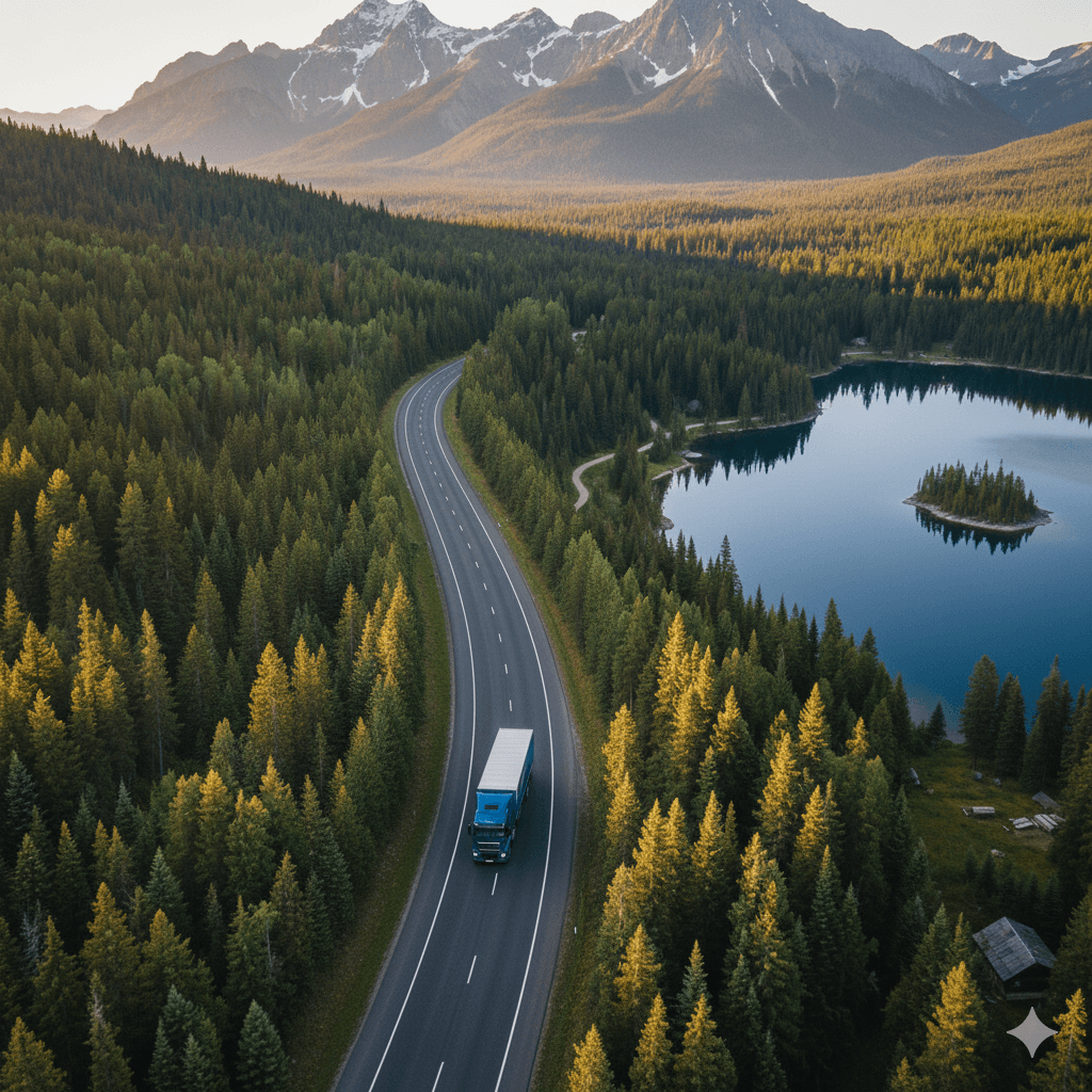 Un camion in una strada nella foresta